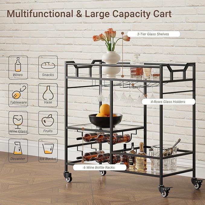 Black Bar Cart, Home Bar Serving Cart with Handle, Wine Cart with 3-Tier Glass Shelves, Beverage Cart with Wine Rack and Glass Holder, Bar Carts for The Home, Dining Room