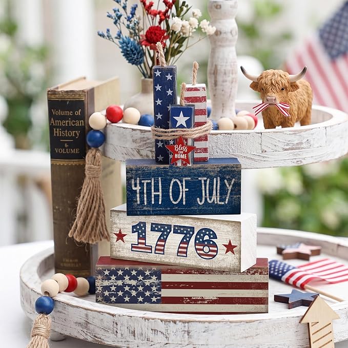 CroBlissful 4 Pcs 4th of July Decorations Patriotic Memorial Day Tabletop Decoration Red White Blue Table Centerpieces Sign for Office Tiered Tray Home Shelf 250th Anniversary(1776)