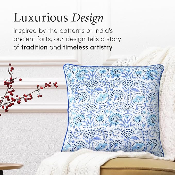 CPC 100% Cotton Throw Pillow Covers 18x18 Inch, Set of 2 Blue Block Print Pattern Couch Pillow, Cute Boho Decorative Pillows for Living Room, Bedroom with Hidden Zipper- Indigo Blue