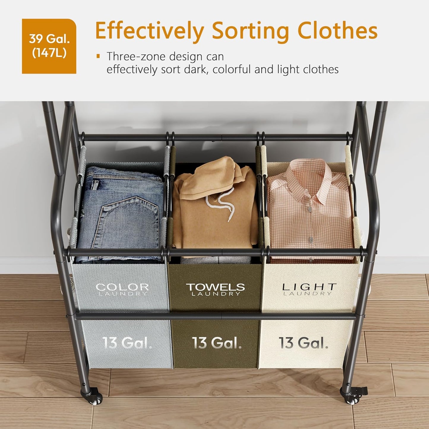 Laundry Sorter 3 Section,Laundry Hamper Cart with Hanging Rack & Removable Bags,Heavy Duty Laundry Basket Organizer with Wheels & 2 Tier Shelf,3 Colors