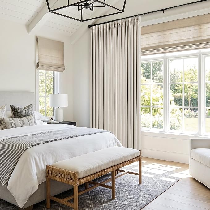 60 Inch Extra Wide 100% Blackout Curtains 90 Inches Long 1 Panel for Bedroom, Natural Memory Trained Pleated Thick Linen Thermal Noise Reducing Neutral Windows Curtain Light Blocking Drapes 60x90