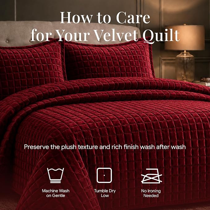 Tribeca Living Luxury Velvet Quilt Twin Size Set - 260GSM Ultra-Soft Oversized Velvet Bedspread Comforter Set with 1 Sham, in Florence Burgundy