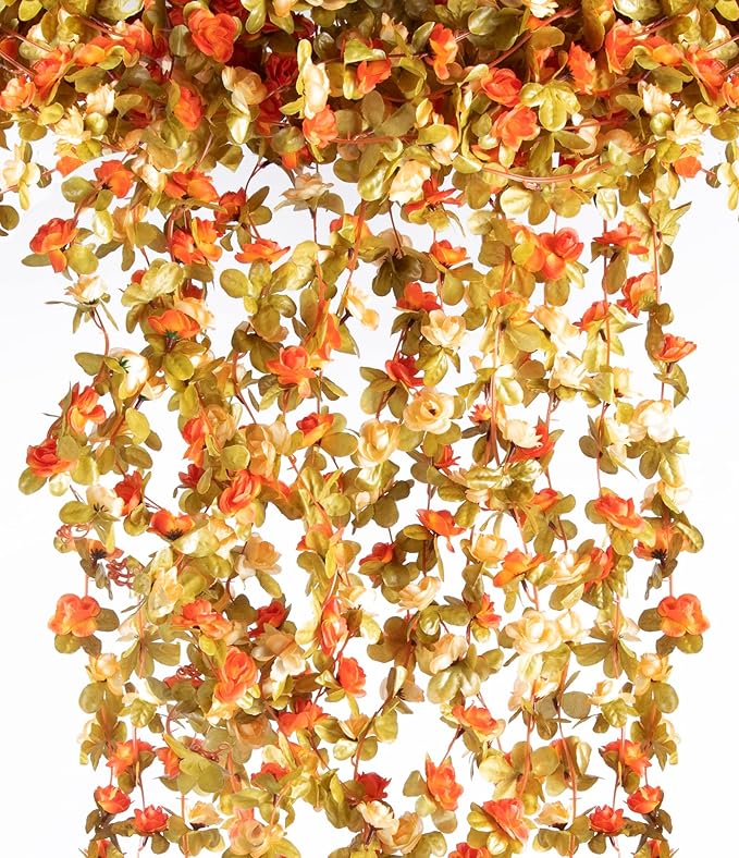 PONKING 6 Pcs x 8.2 ft Flower Garland Artificial Rose Vine Flowers with Green Leaves Hanging Fake Roses Vine for Room Party Home Wedding Birthday Christmas Wall Arch Decor, Fall Champagne Flower