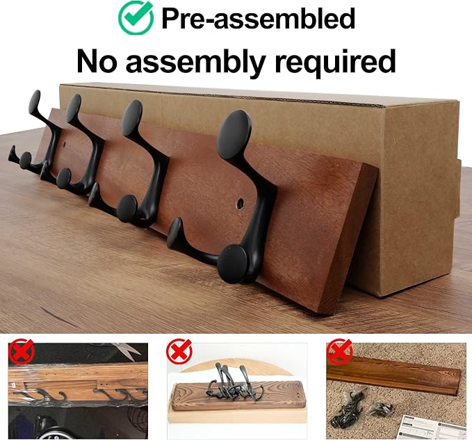 WEBI Coat Rack Wall Mount,24" Solid Wood Coat Hooks Wall Mounted Coat Hanger,16" Hole to Hole,Heavy Duty 4 Triple Hooks for Hanging Coats,Jacket,Hat,Backpack,Farmhouse,Reddish Brown