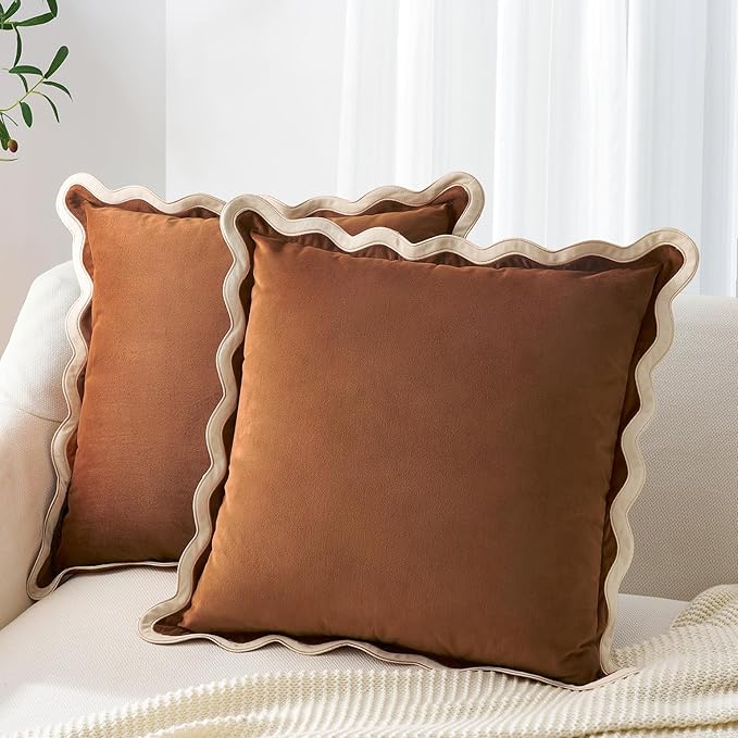 MONDAY MOOSE Decorative Throw Pillow Covers Cushion Cases, Set of 2 Soft Velvet Scalloped Wavy Edge Designs, Mix and Match for Home Decor, Pillow Inserts Not Included (20x20 inch, Beige/Brown)