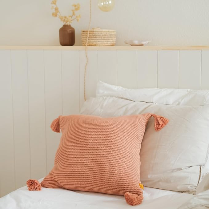 18x18 Ribbed Knit Throw Pillow Cover with Tassel Corners – Soft Pink Clay Valentine’s Day Gift – Evocative Earthy Decor for an Elevated Space
