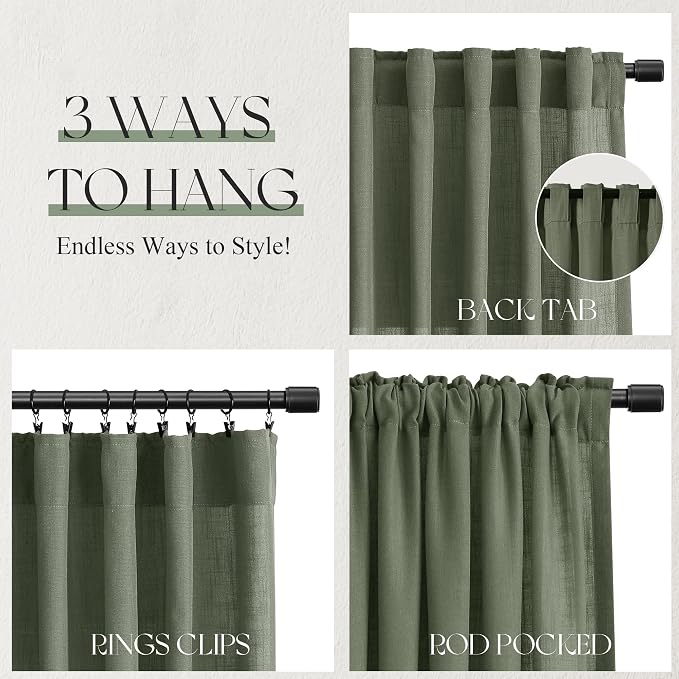 Jowels Olive Green Linen Curtains 90 Inch Long 2 Panels for Living Room | Loden Light Filtering Semi Sheer Curtain, Back Tab Pocket Pleated Look,Farmhouse Textured Privacy Drapes for Bedroom Window