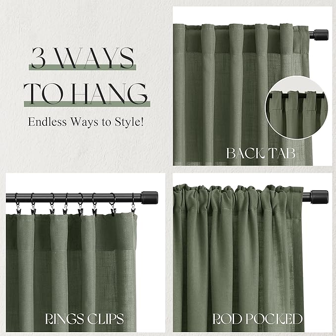 Jowels Olive Green Linen Curtains 70 Inch Long 2 Panels for Living Room | Loden Light Filtering Semi Sheer Curtain, Back Tab Pocket Pleated Look,Farmhouse Textured Privacy Drapes for Bedroom Window