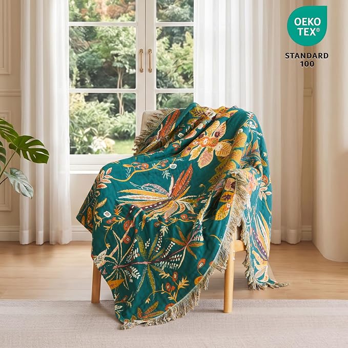 MSGKV Boho Throw Blanket for Couch 100% Cotton Embroidery Blanket 50"x60" Sofa Bed Chair Muslin Summer Breathable All Seasons Lightweight Farmhouse Blankets Home Decor
