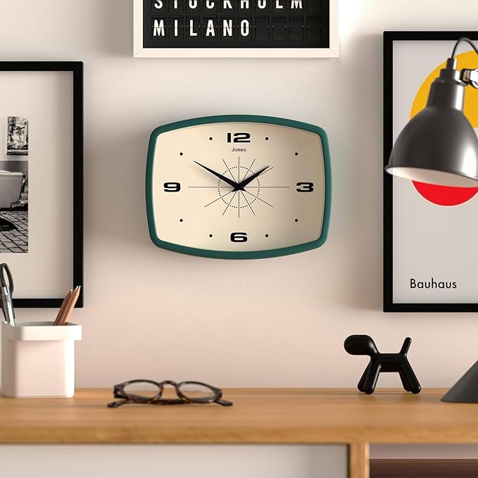 JONES CLOCKS® Movie wall Clock | Retro Rectangular Clock | 10 inch | Dark Green | Cool mid-Century Designer Look for Kitchen, Living Room or Office
