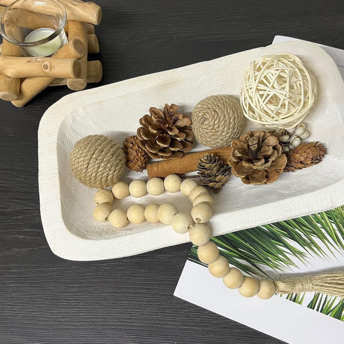 Wooden Dough Bowl Decor, Vintage Wooden Bowl Hand Carved Home Decor for Dining Table Center, Living Room, Kitchen Decor. (10inch white)