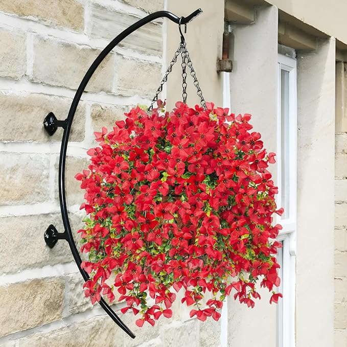 INXUGAO Artificial Hanging Flowers Plants with Basket for Outdoors, Realistic Faux Silk Daisy Flower Eucalyptus for Spring Decor, UV Resistant Fake Plants for Porch Patio Yard Balcony, Red