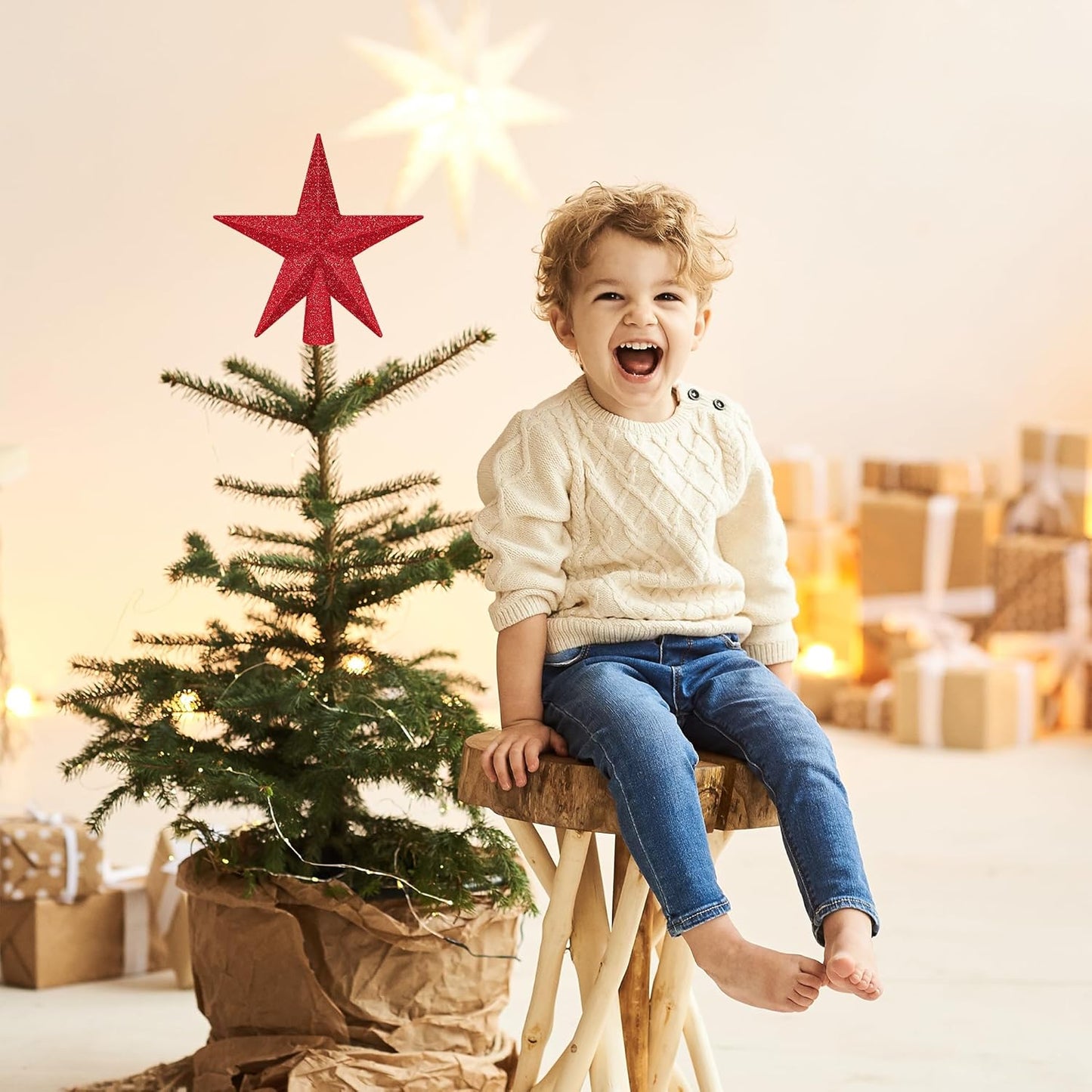 1PCS Star Tree Topper, 4" Red Christmas Tree Topper Glitter Decorations, Mini Bethlehem Star Xmas Shatterproof Tree Decorations, Waterproof Xmas Decor for Holiday Home Indoor/Outdoor Ornament