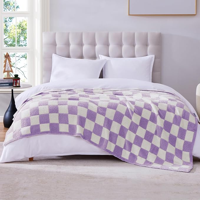 WRENSONGE Soft Checkered Throw Blanket for Couch-Cozy Warm Knitted Blankets | Lightweight Warm Fluffy Decor for Women, Mom, Her & Girls, Sofa, Chair, Bed, 50x70in, Purple