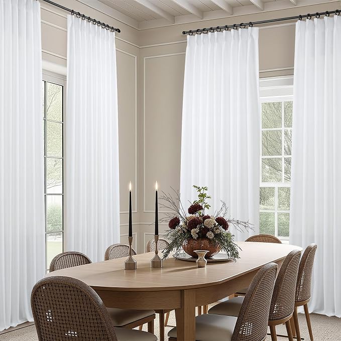 Pinch Pleat Extra Wide White Linen Curtains 84 Inches Long for Patio Sliding Glass Door 60 Inch Wide Pleated Drape Hooks Rings Semi Sheer 60x84 Curtain for Living Room Farmhouse Decor 2 Panel Back Tab