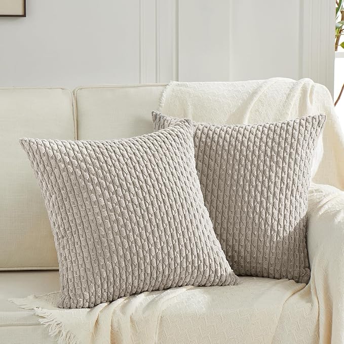 Fancy Homi Set of 2 Neutral Taupe Decorative Throw Pillow Covers 18x18 Inch for Couch Bed Sofa Bedroom, Modern Farmhouse Boho Home Decor, Soft Fluffy Textured Corduroy Cute Cushion Case 45x45 cm