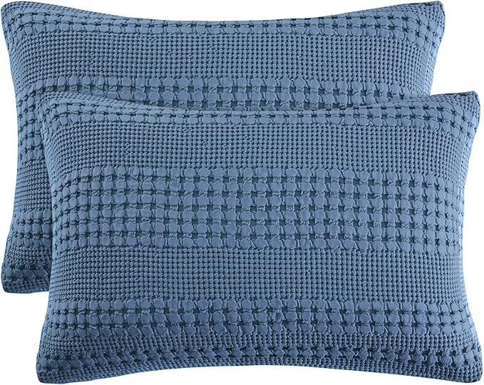 PHF 100% Cotton Waffle Pillow Shams King Size, 2 Pack 20" x 36" Soft Skin-Friendly Pillowcases, No Filling, Aesthetic Woven and Breathable Waffle Weave Pillow Case Covers for Bed, Denim Blue