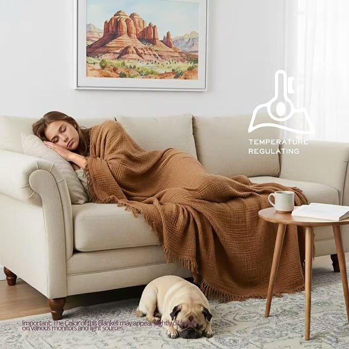 KyraHome 100% Organic Cotton Muslin Blanket, 60"x80" Large Pre-Washed Plant Dyed Lightweight Breathable Soft Gauze Summer Throw Blankets for Adults, All Season (Brown)