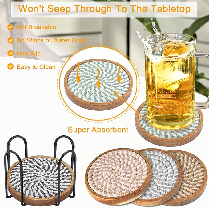 Eykao Coasters for Drinks Absorbent Sets of 5, Woven Coasters with Holder, Housewarming Gift for Farmhouse Home Decor, 4 inches (Colorful Series)