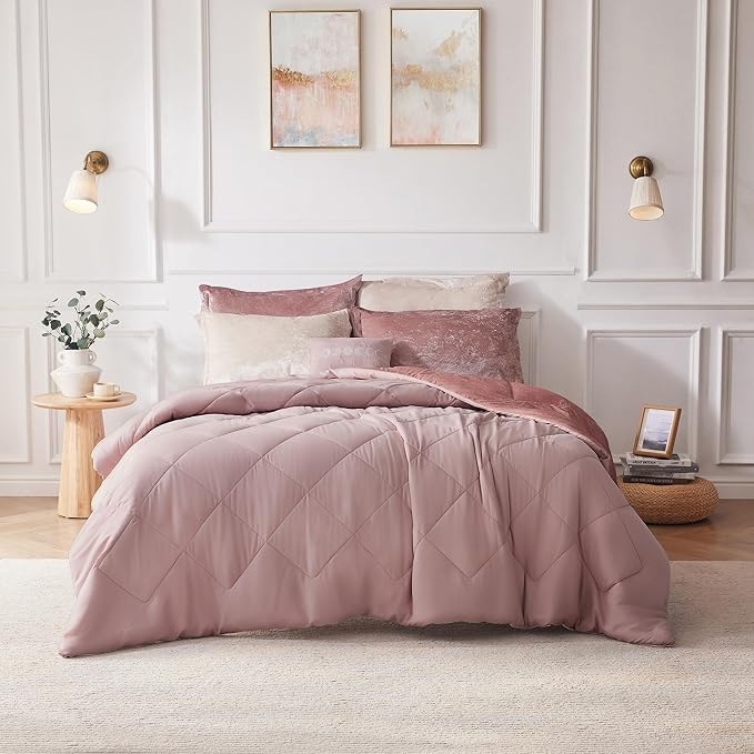 Intelligent Design Duvet Cover Set, Velvet Duvet Set, Luxury Diamond Quilting Pink Duvet Cover, Fluffy Duvet Cover with Decorative Pillow and 2 Shams, 4 Pieces, Blush, Full/Queen