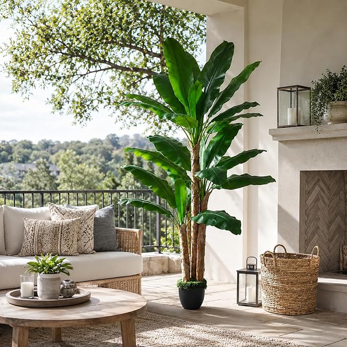 6FT Banana Tree Artificial Plant Fake Banana Leaf Plant Faux Tropical Plants Large Fake Plants Indoor in Black Pot for Living Room Bedroom Office Patio Balcony Home Decor (with Faux Moss)