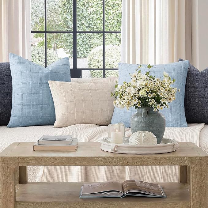 Foindtower Set of 2 Decorative Linen Check Throw Pillow Covers Neutral Farmhouse Vintage Cushion Covers Modern Boho Accent Home Decor for Sofa Chair Couch Bedroom Living Room,20×20 Inch,Sky Blue