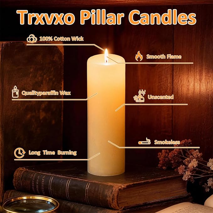 72-Pack Ivory 2-Inch Wide Pillar Candles, Bulk Set of 3 Heights (3, 4, 6 Inch), Dripless Unscented Smokeless Hurricane Candles for Creating Warm Elegant Atmosphere at Weddings and Events.