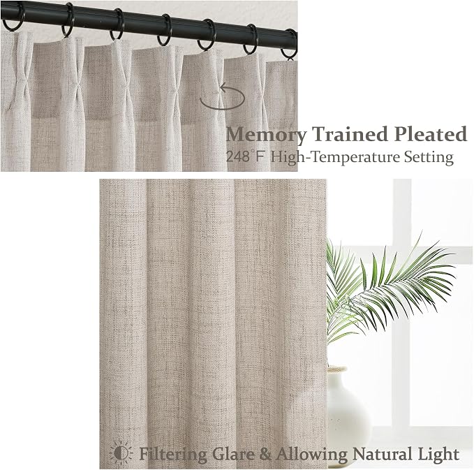 Memory Shaped Pinch Pleated Taupe Linen Semi Sheer Small Curtains 63 Inches Length for Cafe 2 Panel Set, Cottagecore Light Filtering Privacy Window Curtain for Kitchen W40xL63 Greyish Brown Viral Burg