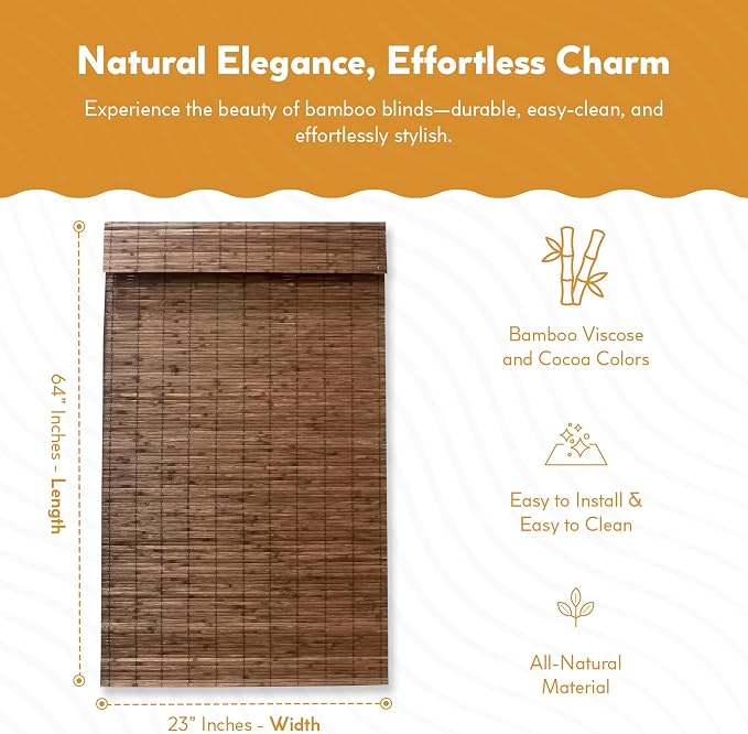 Radiance Cordless Bamboo Roman Shades for Windows - Flatstick Bamboo Blinds for Semi-Private Light Control - Easy to Lift & Fold Up Window Shades - Cocoa - 23 in. W x 64 in. L - (2216300E)