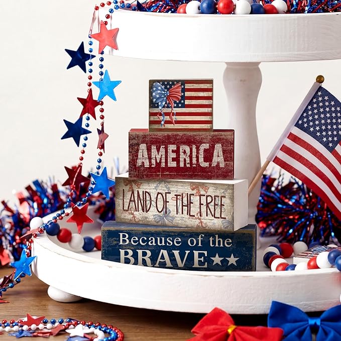 CroBlissful 4 Pcs 4th of July Decorations Patriotic Memorial Day Tabletop Decoration Red White Blue Table Centerpieces 250th Anniversary Wooden Fourth of July Sign for Office Tiered Tray Home Shelf