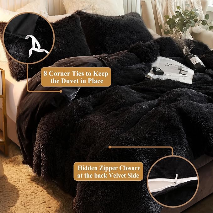 XeGe Plush Shaggy Duvet Cover Set, Luxury Ultra Soft Crystal Velvet Fluffy Bedding Sets 3 Pieces(1 Furry Faux Fur Comforter Cover + 2 Fuzzy Faux Fur Pillow Cases), Zipper Closure(King, Black)