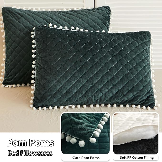 LIFEREVO Luxury Plush Shaggy Duvet Cover Set, Ultra Soft Fluffy Furry Duvet Cover Set(1 Faux Fur Fuzzy Comforter Cover + 2 Pom Poms Velvet Pillow Shams) Bedding Set, Zipper Closure(King, Dark Green)