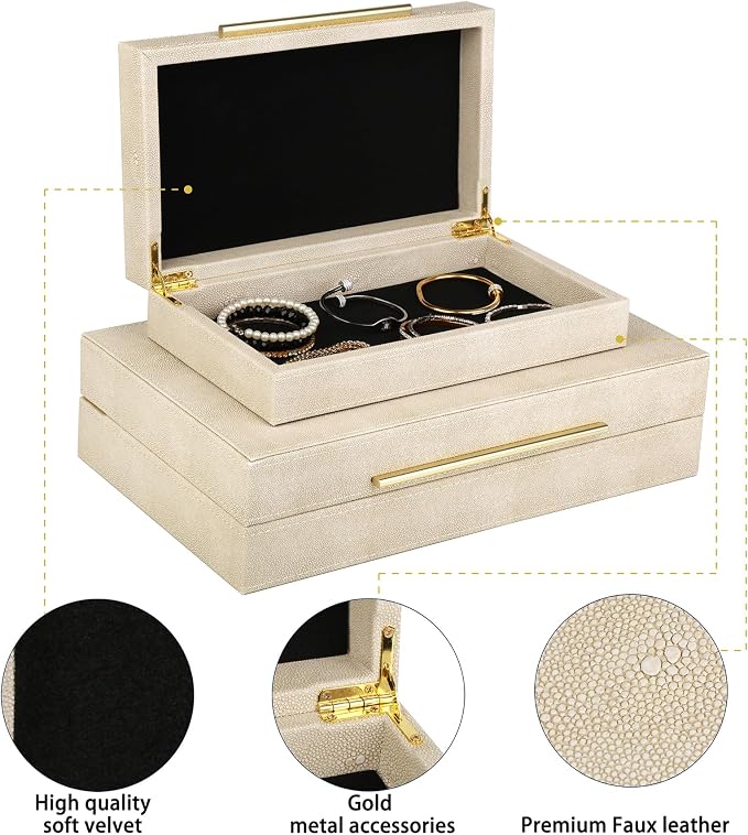 HofferRuffer Faux Leather Decorative Boxes Set of 2, Large Nesting Keepsake Box Accessory Organizer Jewelry Organizer with Hinged Lid, Stacking Storage Box Container for Home or Office (Light Grey)