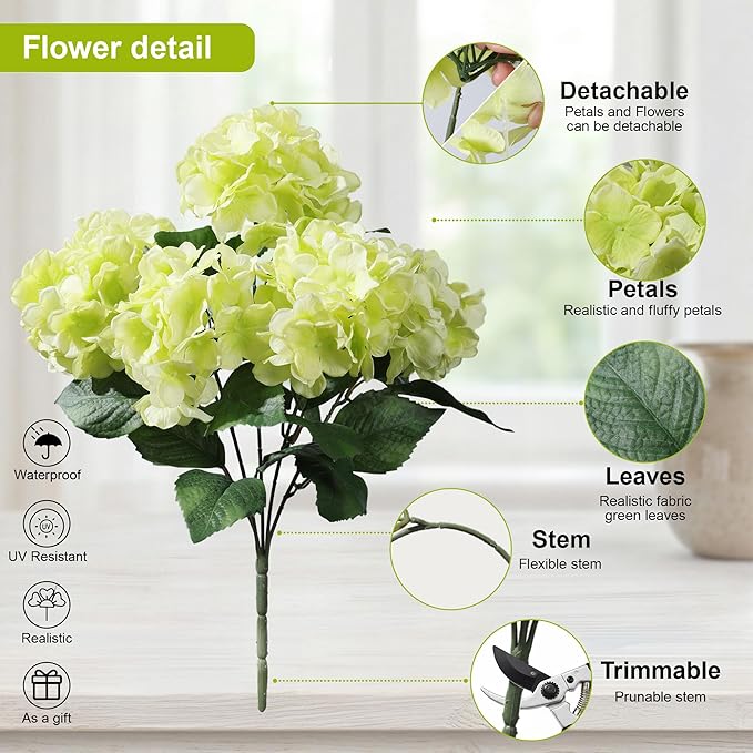 Ivydale Artificial Flowers for Outdoors, 4 PCS Green Fake Silk Hydrangea Flower Stems for Bouquets UV Resistant Realistic Faux Plants Home Outdoor Wedding Party Centerpieces Decor