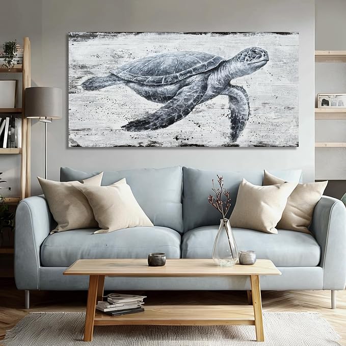 Hue7Art Ocean Inspired Turtle Canvas Wall Art Style Marine Animal Painting, Coastal Theme Artwork for Living Room Bedroom Bathroom Beach Home Decor 24x48 Inch