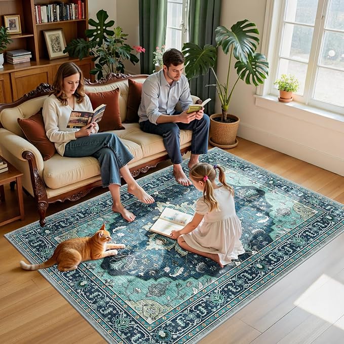 RELEANY Area Rugs 5'x7' Washable Non-Slip, Floral Vintage Distress Print Pattern Medallion Carpet for Living Room Bedroom Dining Room, Teal Green Lake Blue Turquoise