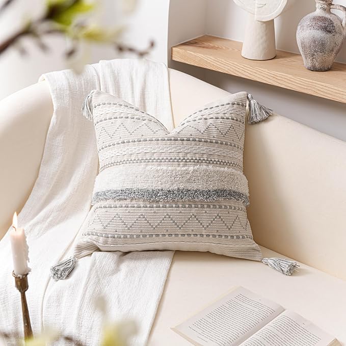 BlissBlush Gray Decorative Throw Pillow Covers 20x20 Combo Set of 2 Square Boho Neutral Grey Accent Pillowcase Tassels Farmhouse Cushion for Couch Sofa Bedroom Living Room Home Décor Cover ONLY