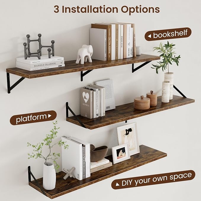 Axeman 12 Inch Deep Floating Shelves for Wall - 48 Inch Wide x 12 Inch Deep Wall Shelves Set of 2 - Rustic Wood Floating Shelves for Living Room
