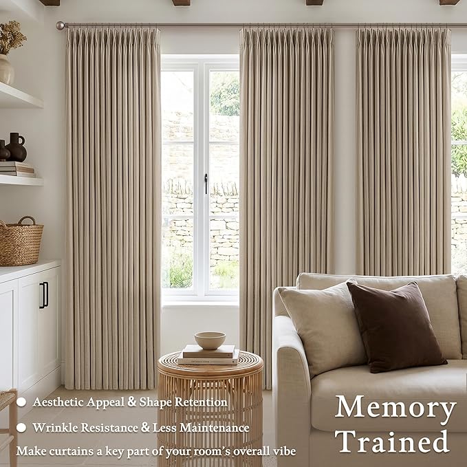 Farmhouse Pleated Thick Linen Curtains 80 Inch 2 Panels Set for Living Room Bedroom Camel Tan Light Filtering Semi Sheer Linen Blend Window Curtain with Hooks Rings 50 Inches Wide Back Tab Drapes