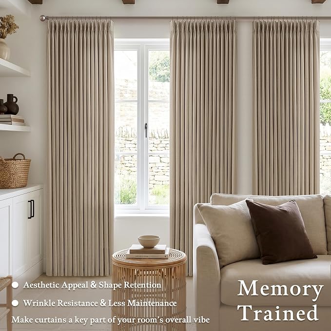 90 Inch Tan Pleated Curtains for Living Room Bedroom Country Light Filtering Memory Training Pinch Pleat Curtains with Track System Hooks Rings Camel Beige Linen Blend Office Patio Drapes 2 Panels