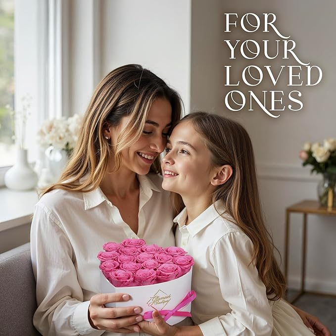 GLAMOUR BOUTIQUE Preserved Roses in a Box - Gifts for Her, Wife & Mom, Rose Flowers Forever Decor for Birthday Gift, Get Well Flower Bouquet Cased in White Box with Cover - Pink - 16 (Color-Treated)