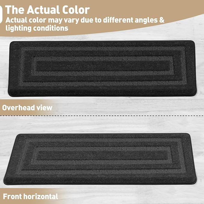 PURE ERA Bullnose Carpet Stair Treads Tape Free Non-Slip Indoor Stair Protectors Pet Friendly Stair Treads for Wooden Steps 9.5" x 30"(14 Pieces,Black Rectangular)