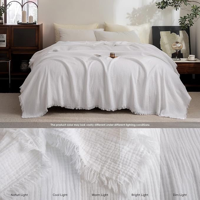 FOSSA Muslin Blanket 4-Layer 100% Cotton Gauze Blanket with Fringe 50"x70" | Super Soft Breathable Lightweight All Season & Decorative Blanket or Bed, Sofa, Office (Bright White,Throw XL)