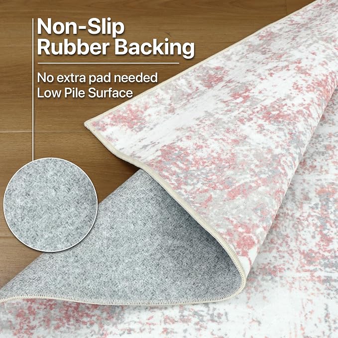 BEIMO Area Rugs 9x12 for Living Room Bedroom, Modern Abstract Machine Washable Rug, Large Soft Low Pile Floor Carpet with Non Slip Backing for Dining Room, Pink/Grey