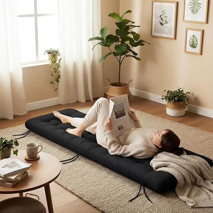 Vercraft Long Floor Cushion Large Floor Cushion with Brushed Cotton 74.8 x 27.5 x 3.15 in Jumbo Lounger Pillow for Outdoor Indoor Bay Window Meditation Yoga Reading Sleeping(1 Pc,Black)