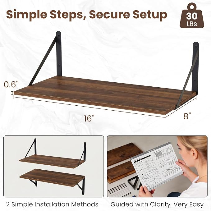 Vivelove 8 Inch Deep Floating Shelves for Wall, 16W x 8D Wood Wall Shelves Set of 2, Walnut Wide Floating Bookshelf for Living Room, Kitchen, Office, Bedroom, with Black Metal Bracke - Walnut