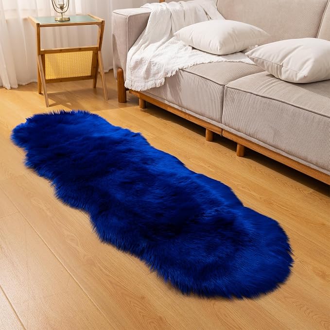 Faux Fur Sheepskin Runner Rug Royal Blue 2x6 ft Ultra Soft Shaggy Plush Fluffy Fuzzy Area Carpet Decorative Chair Cover Floor Mat for Bedroom Sofa Living Room Bedside