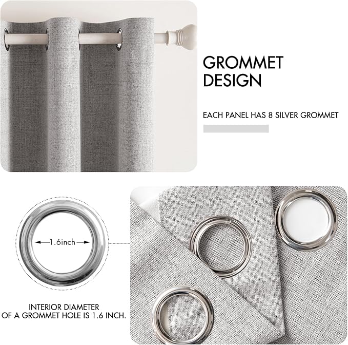 MIULEE Linen Texture Curtains for Bedroom Solid 100% Blackout Thermal Insulated Light Gray Curtains Grommet Room Darkening Drapes for Living Room Nursery 52x63 Inch (2 Panels)