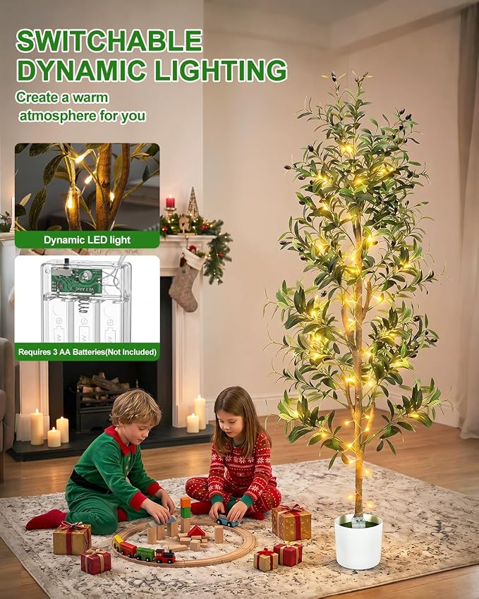 TNELTUEB Faux Olive Tree 6FT- Indoor Tall Artificial Olive Trees with Lights & Basket and Planter, Fakeplants Artificial Plants with Natural Wood Trunk and Realistic Fruits for Home Living Room Decor