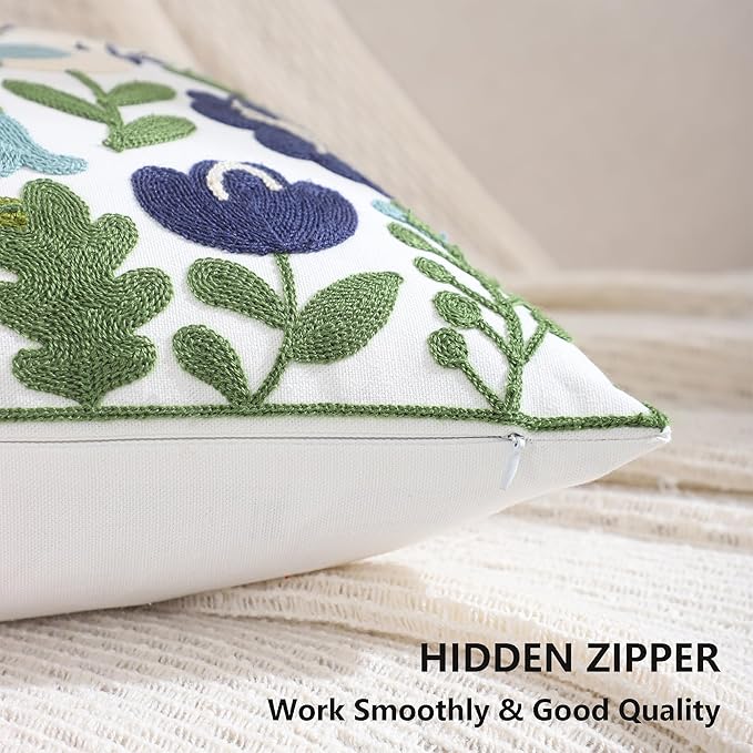 Spring Embroidered Pillow Covers 18x18 Pack of 2 Birds Throw Pillow Covers Green Leaves with Floral Pillowcases Farmhouse Pillow Cushion Cases Square Navy Blue Flower Pillow Case Home Decor